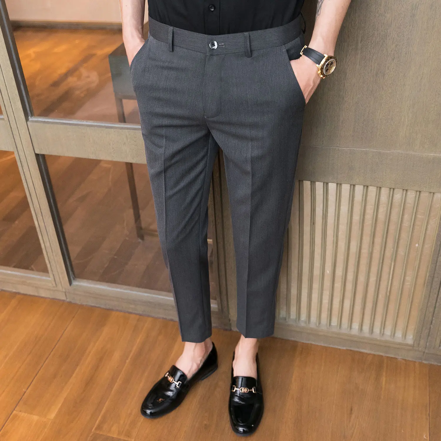 Man Suits Pants Business Brown Slim Fit 9 Cropped Social Tailoring Trousers for Men Tressed Vintage Korean Reviews Many Classic