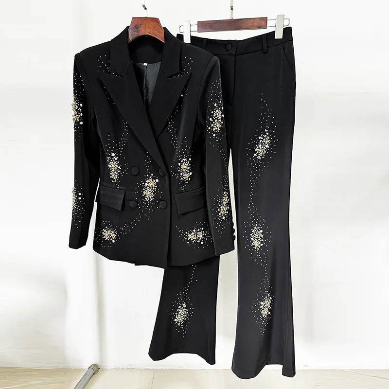 2025 Star Fashion New Heavy Industry Nail Bead Hot Stamping Suit Jacket Long Pants Two-Piece Set