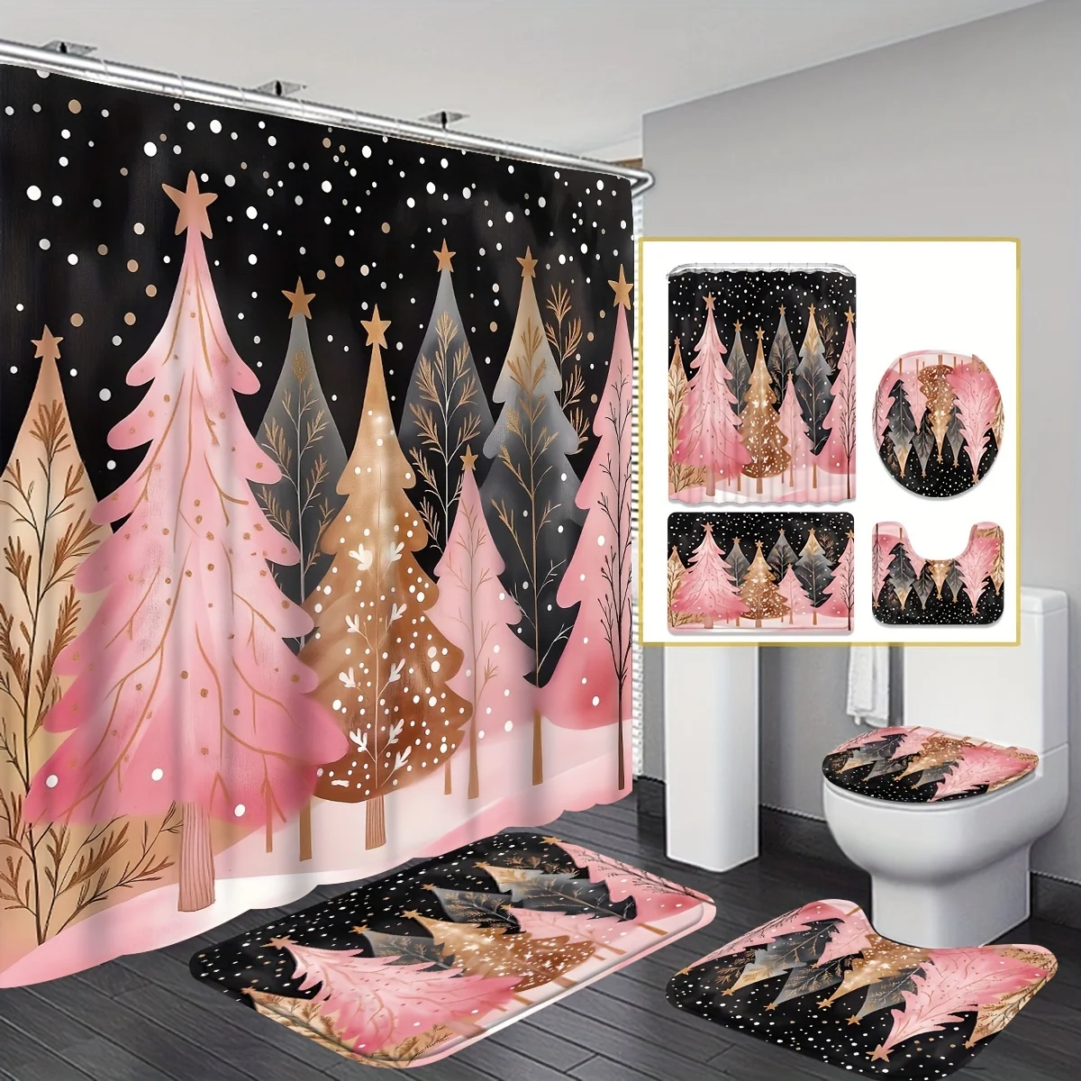 4Pcs Xmas Shower Set, Pink Christmas Tree Forest, Includes Curtain & Mat, 12 Hooks, Perfect for Festive Winter Bathroom Decor