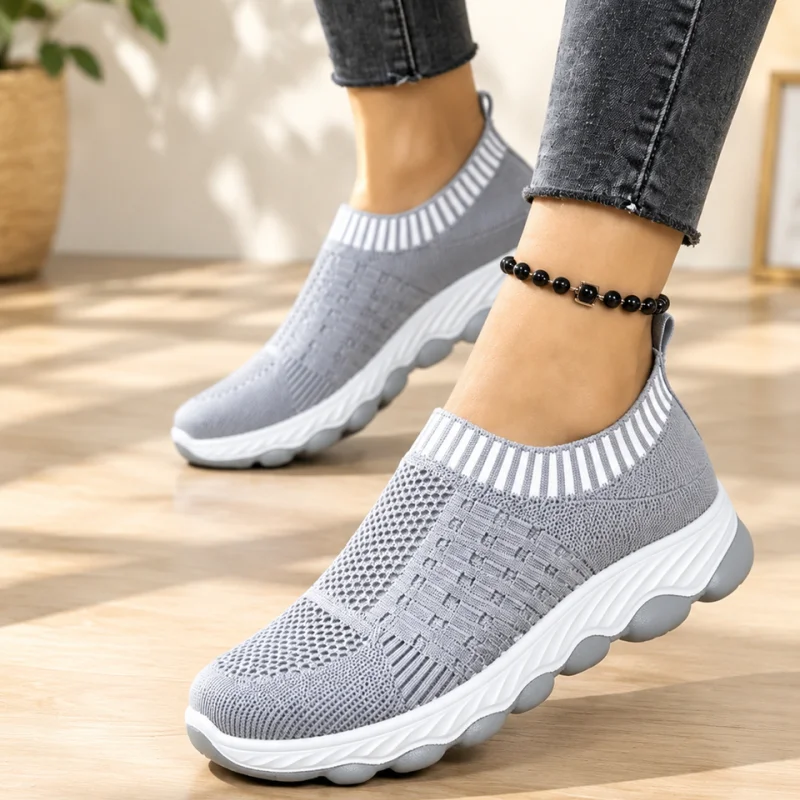 Frühling Herbst Damen Slip-On Strick-Wanderschuhe Atmungsaktives Mesh Rutschfeste Plattform Weiche Sohle Komfortable Orthopädische Freizeitsneaker – Detail 10