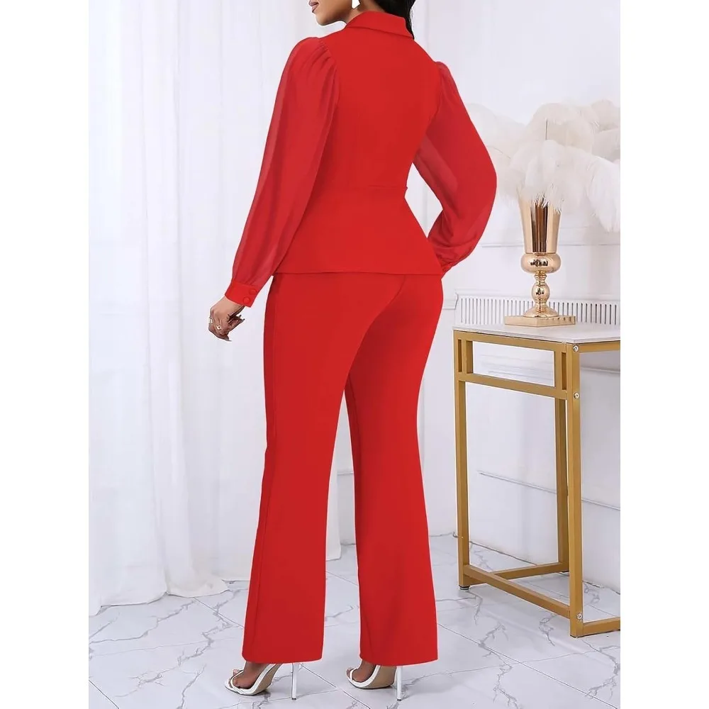 بدلات بناطيل للنساء، سترة مكشكشة بأكمام شفافة شبكية أنيقة، سراويل واسعة الساق، أطقم ملابس عمل غير رسمية