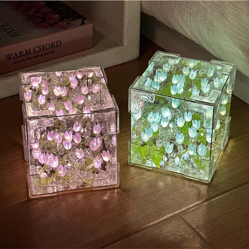 DIY ทิวลิปกระจก Cube โคมไฟจําลองดอกไม้ห้องนอน Sleeping ตาราง Handmade TULIP ขนาดเล็ก Night Light Gift-AT64
