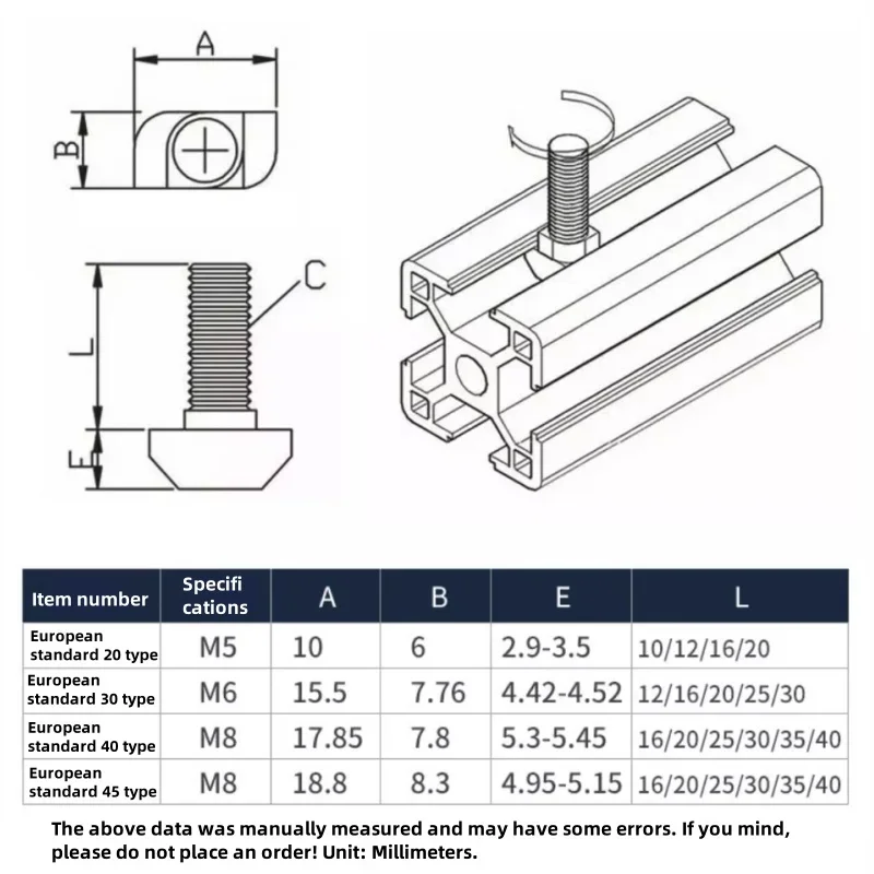 5/10/20PcsT Bolt  Eu Standard T Shaped Bolt+ Flange Nut M5-M8 T Shaped Hammer Bolt for 20/30/40/45 Linear Rail Aluminum Profiles