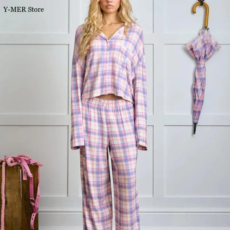 

2025 Autumn Women's Sleepwear Long Sleeved Shirt Pants 2Pcs Home Wear Spring and Autumn Winter Striped Pattern Cardigan Set