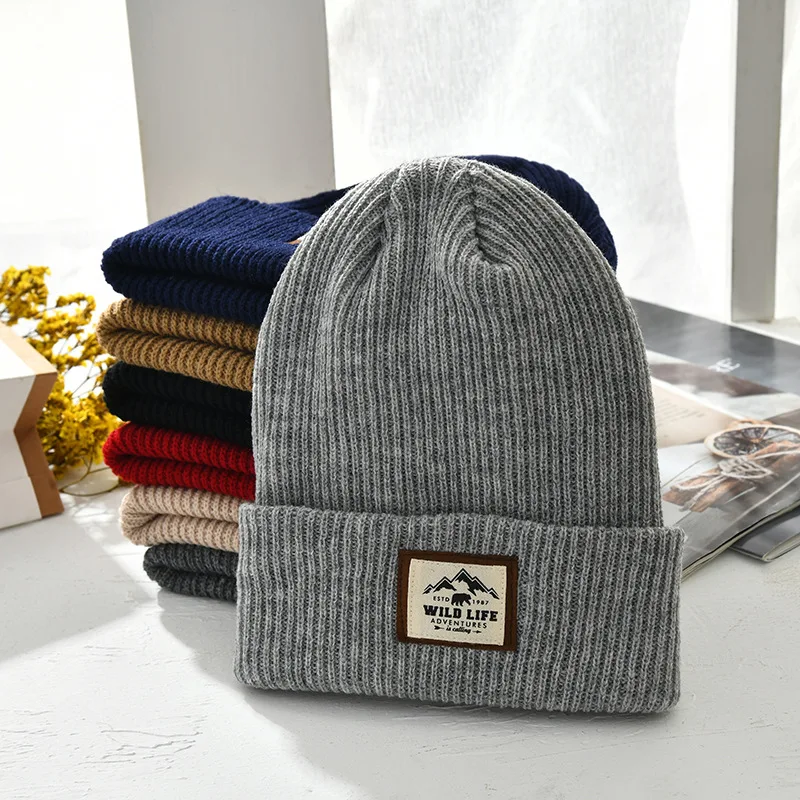 Winter Warm Wool Knitting Beanie Hat Solid Color Elastic Brimless Crochet Hat Fashion Label Outdoor Ear Warmer Pullover Caps