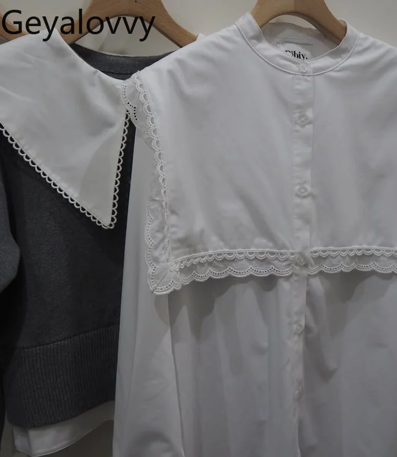 

Japanese Style Double Layer Lace Patchwork Sailor Collar Exquisite Flared Sleeve Tops Elegant Stand Collar Women's Shirt