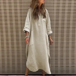 Simple Casual Solid Cotton Blend Women Dress Spring Button Stand Collar Side Slit Long Dress Autumn Long Sleeve Loose Maxi Dress