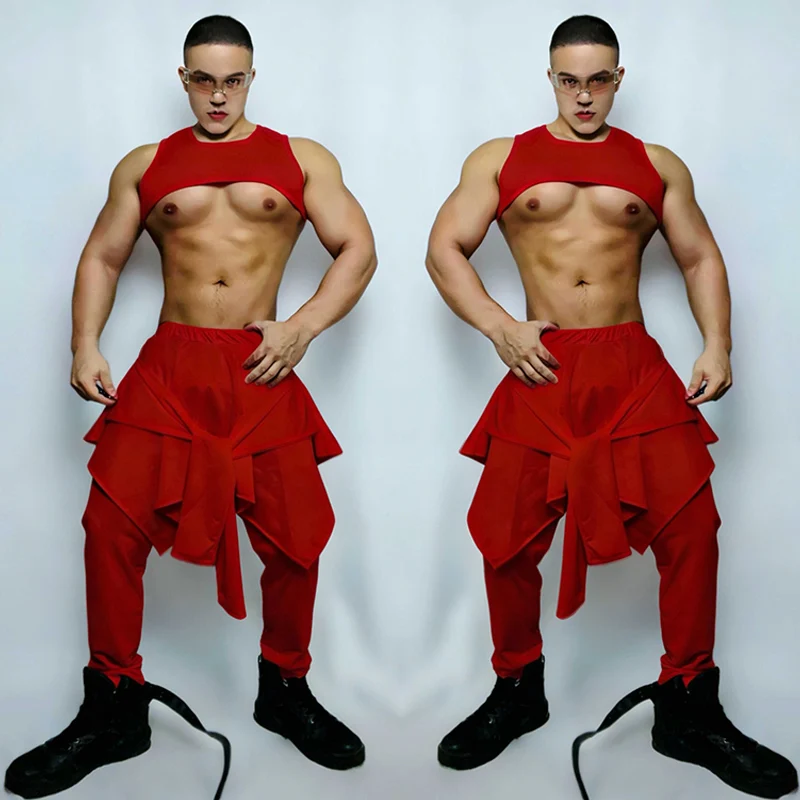 

Sexy Gogo Dance Costume For Men Nightclub Bar Club Wear Male Red Performance Suit Christmas Party Show Clothes Jazz Outfit 4921