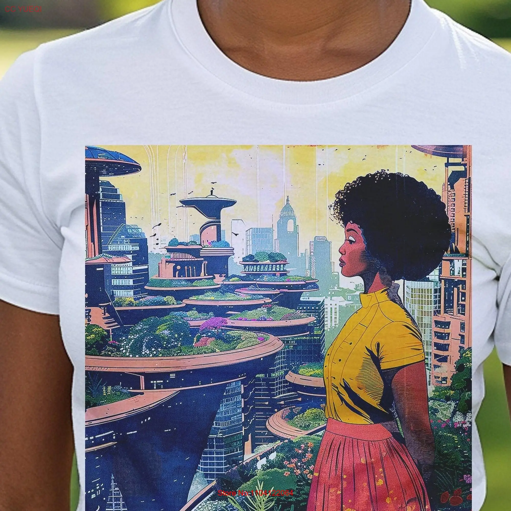 Green Future T Shirt Retro Afrofuturism Comic Illustration Afro Woman Black Girls Plant Eco Friendly African American