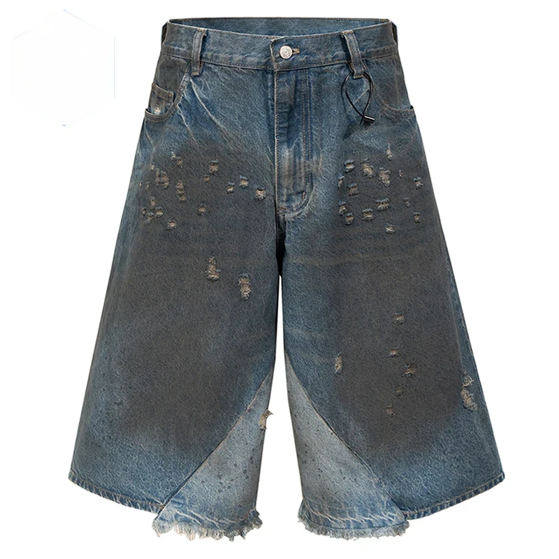 

Мужские винтажные синие джинсовые шорты с эффектом двухслойности, рваные, широкие, в стиле стритвир, Харадзюку, хип-хоп