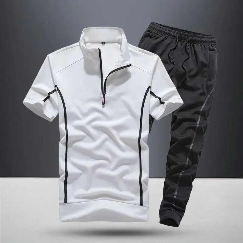 Sweatsuit Nylon Man Trousers Sets Tracksuit White T-shirts Pants Suits for Men Sweatshirts Stylish Short Quarter Sleeve Casual S