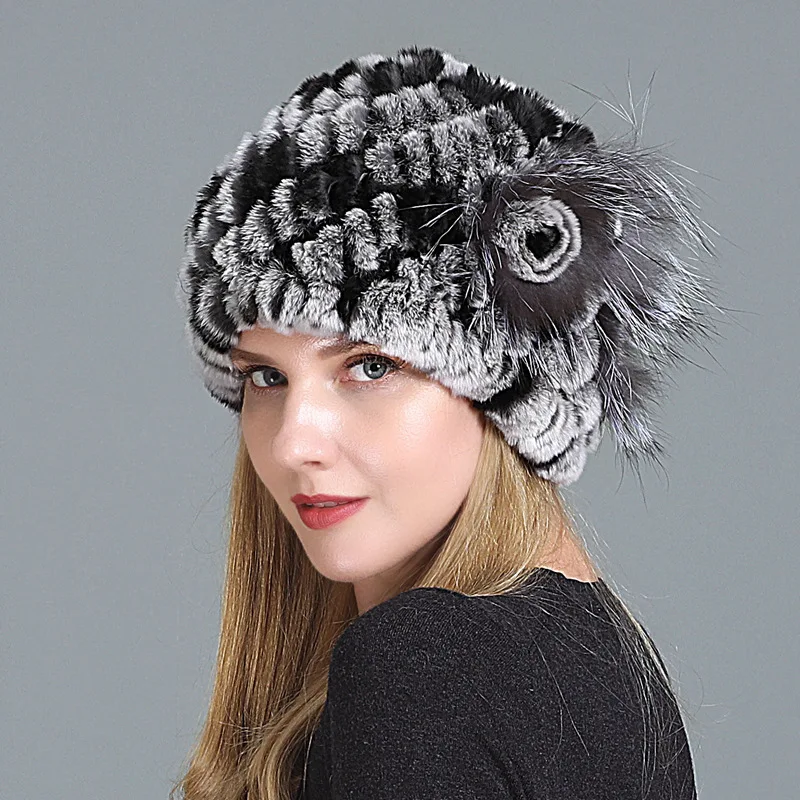 Autumn and Winter Hats, Scarves, Warm and Thick Otter Rabbit Fur Grass, New Fox Flower Knitted Double-layer Hats for Adults