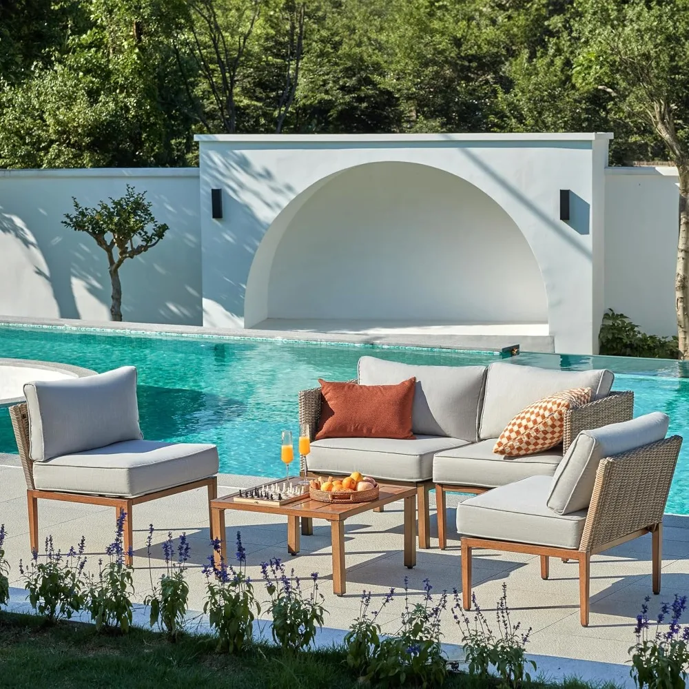 5-teiliges Terrassenmöbel-Set aus Korbgeflecht, Outdoor-Sofa, Rattan-Couch, Allwetter-Gesprächsset für den Außenbereich mit Metalltisch