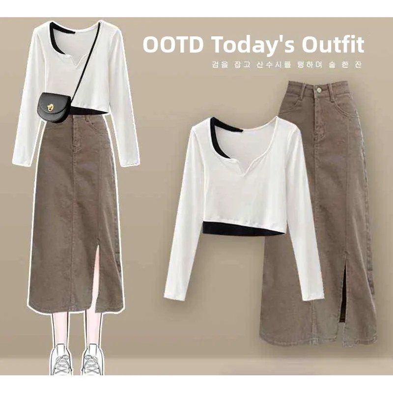 Autumn Ele Godd Fan Fake Two-Piece Longsved Dr Faionable Ensemble Seven-Quarter Sve  Collar Zipper Closure