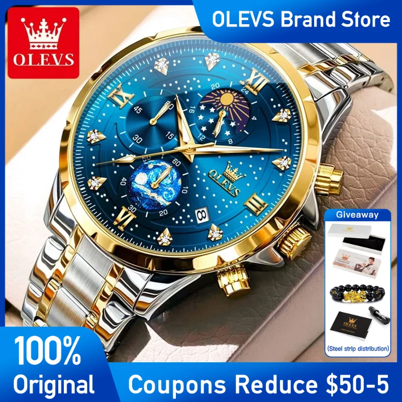 

OLEVS Men's Watches Stainless steel Quartz Watch for Man Multifuncion Chronograph Waterproof Luminous Moon Phase brand watch Men