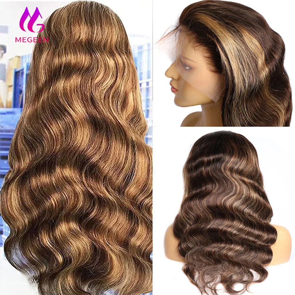 

Megeen 100% Brazilian Human Hair Highlight P4/27 Colored Body Wave 13X4 Lace Frontal Wig Pre Plucked Honey Blonde Lace Front Wig
