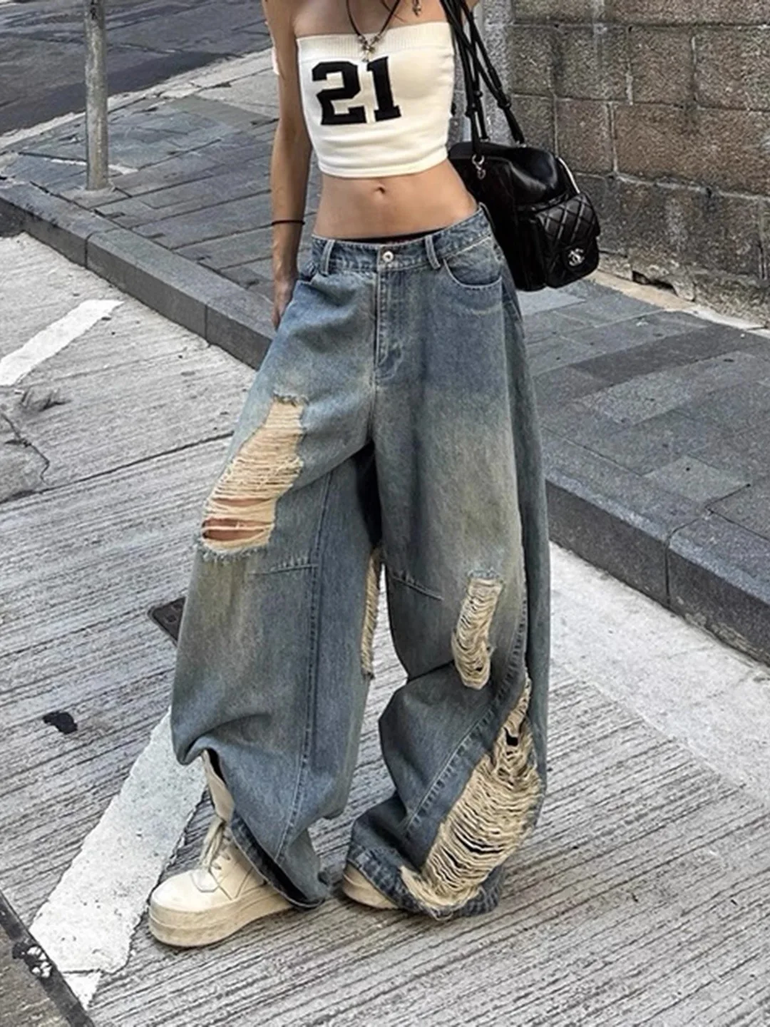 Y2K อเมริกัน Retro ผู้หญิงเอวสูง Ripped กางเกงยีนส์ฤดูร้อนหลวมขากว้างความยาวกางเกง High Street Slimming