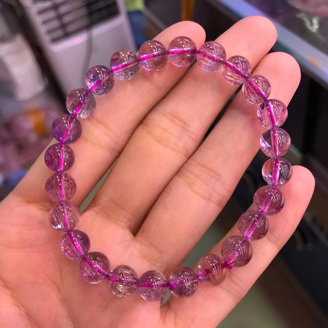 

Natural Purple Super 7 Rutilated Quartz Bracelet Jewelry Clear Round Beads 7.5mm Purple Rutilated Quartz Women Men AAAAAA