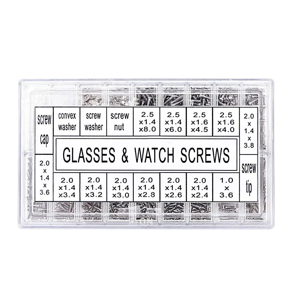Parafuso substituição Kit Set para Óculos e Reparação do Relógio, Pequenos Parafusos, Variedade Porca, Aço Inoxidável, 1000Pcs