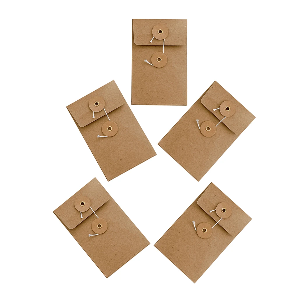 

5Pcs Data Bag Kraft Paper Envelopes 70x110mm Vintage Office Ribbons Secure Closure Kraft String Envelope Writable Bulk DIY