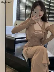 Two Pieces Sets Women Bandage Outwear Mermaid Dress Ins Slim Sexy Spring Ladies Vintage Chic Solid Flare Sleeve Fashion Ulzzang