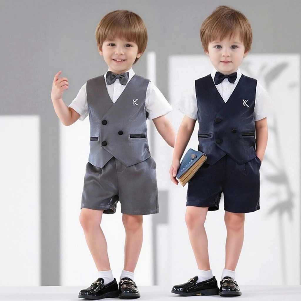 

Kids Summer Vest Blazers Set Elegant Formal Boys Wedding Suit Toddler Birthday Photography Outfits Child Piano Recital Tuxedo