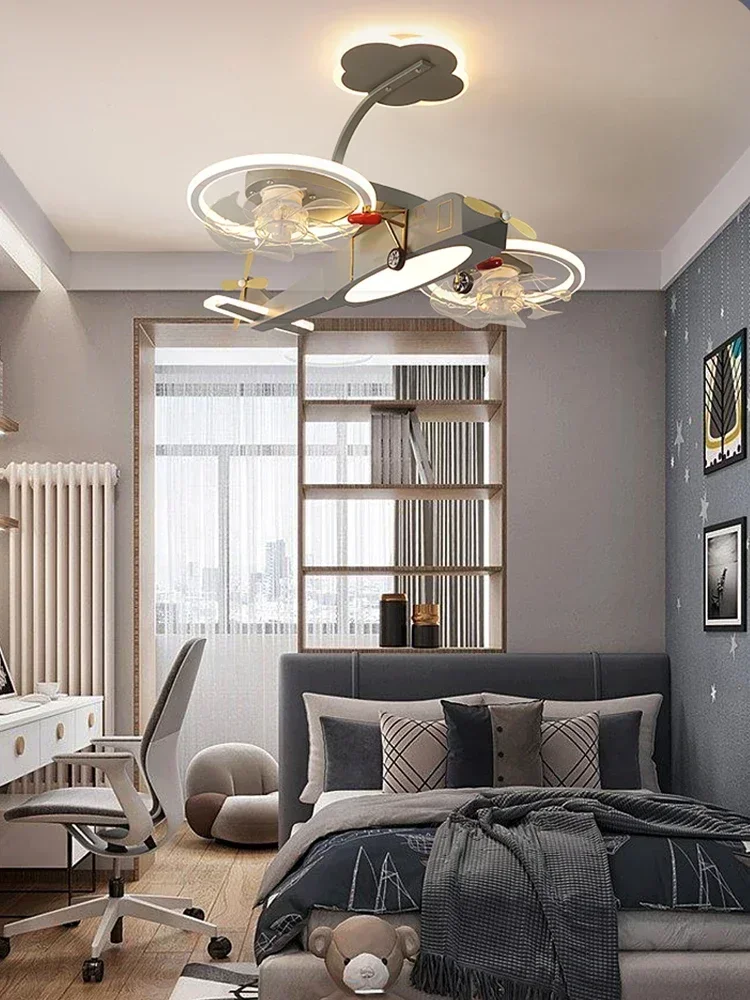 Children's room personality creative airplane model ceiling fan lamp Nordic boy bedroom ceiling fan chandelier 220V