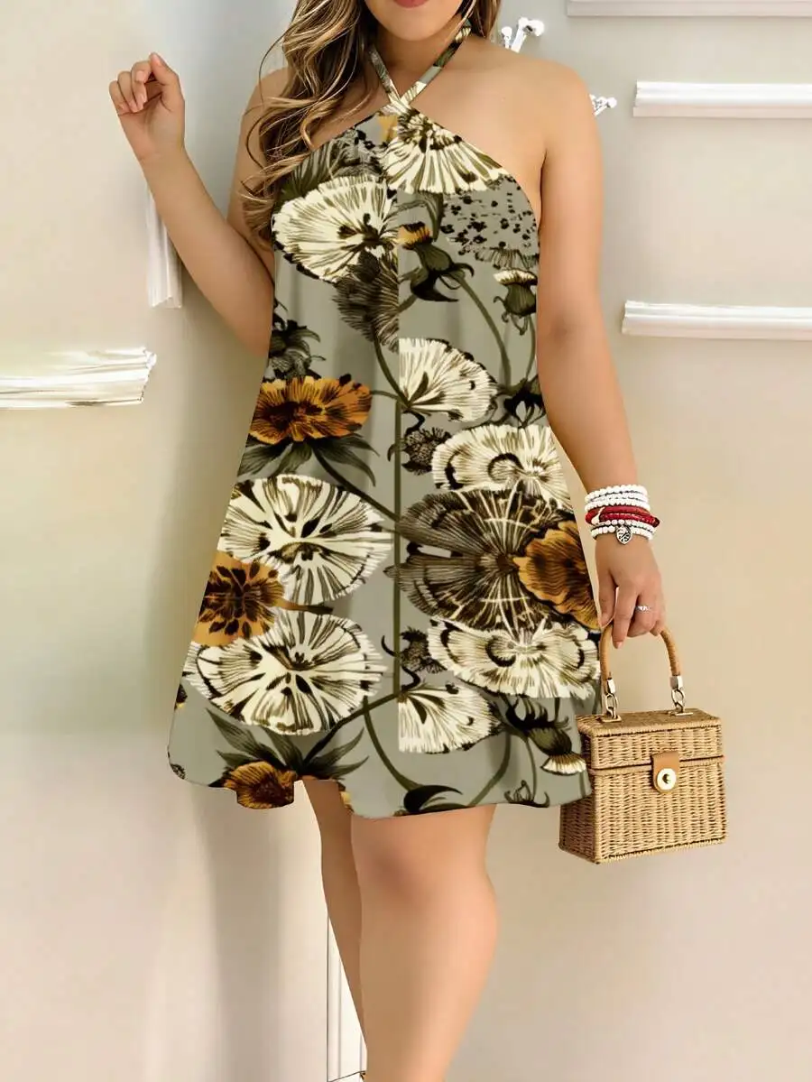 

Floral Print Halter Neck Sleeveless A-Line Mini Dress With Rattan Handbag Set