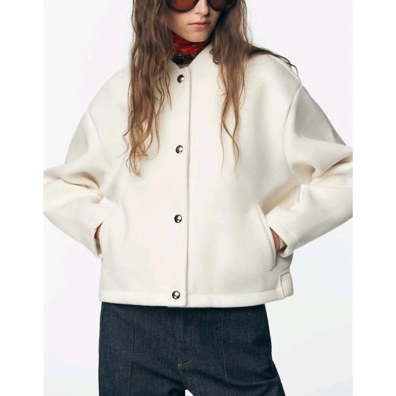 

Fall Women's Simple Sle round Ne Long Sve Gold Button Soft Pilot Jaet Coat Casual Faion Polyester Fiber Ladies Out...