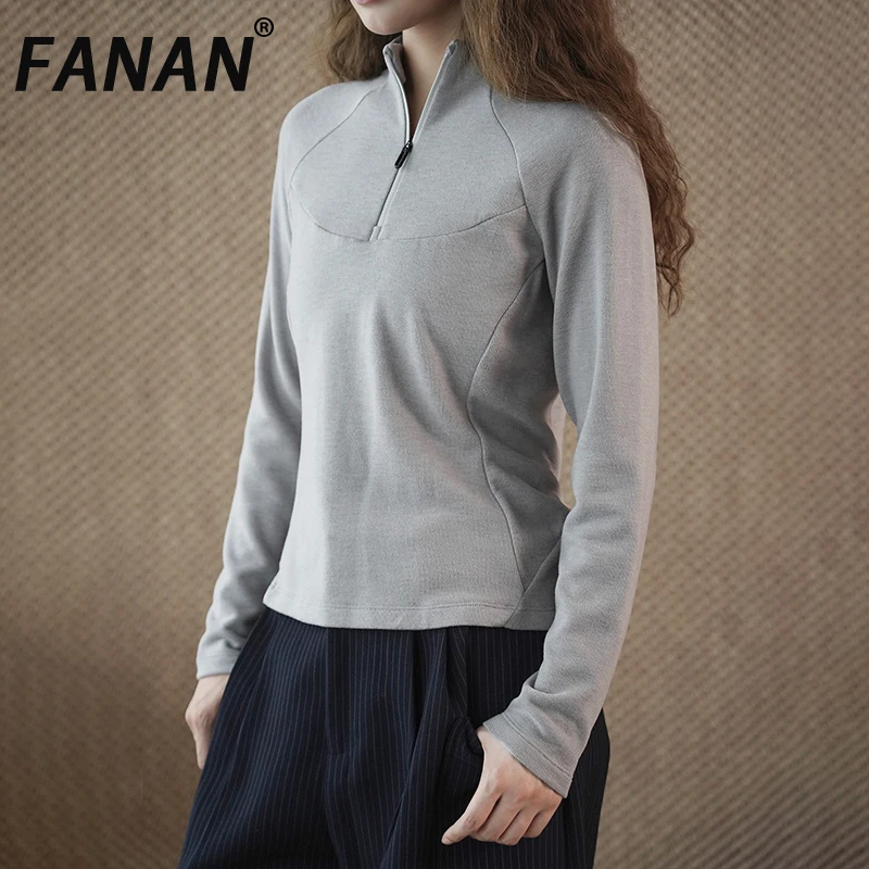 

Футболка FANAN с тонким дном для женщин, пуловер с воротником-стойкой и половиной молнии, топы, офисная женская теплая одежда, новинка зимы 2024, новинка