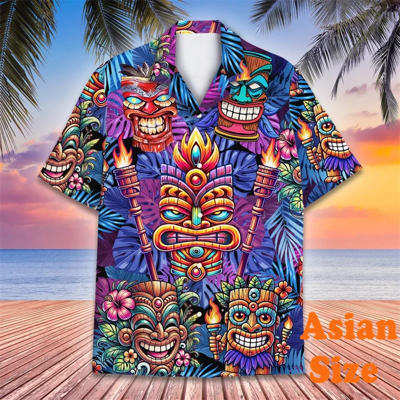 Hawaii Tiki Graphic Shirt For Men's Clothing Ethnic Tribal Culture Style 3D Print Shirts Casual Funny Vacation Summer Blouse