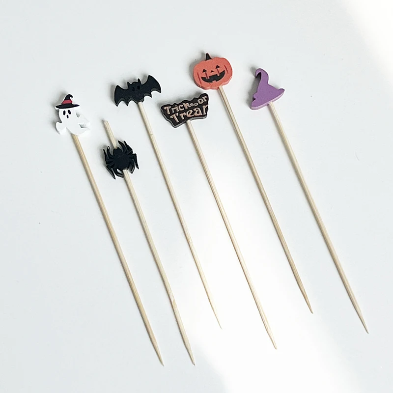 100pcs Halloween Pumpkin Bamboo Skewers Fruit Forks Buffet Dessert Toothpicks Cocktail Stick Ghost Bat Halloween Decoration