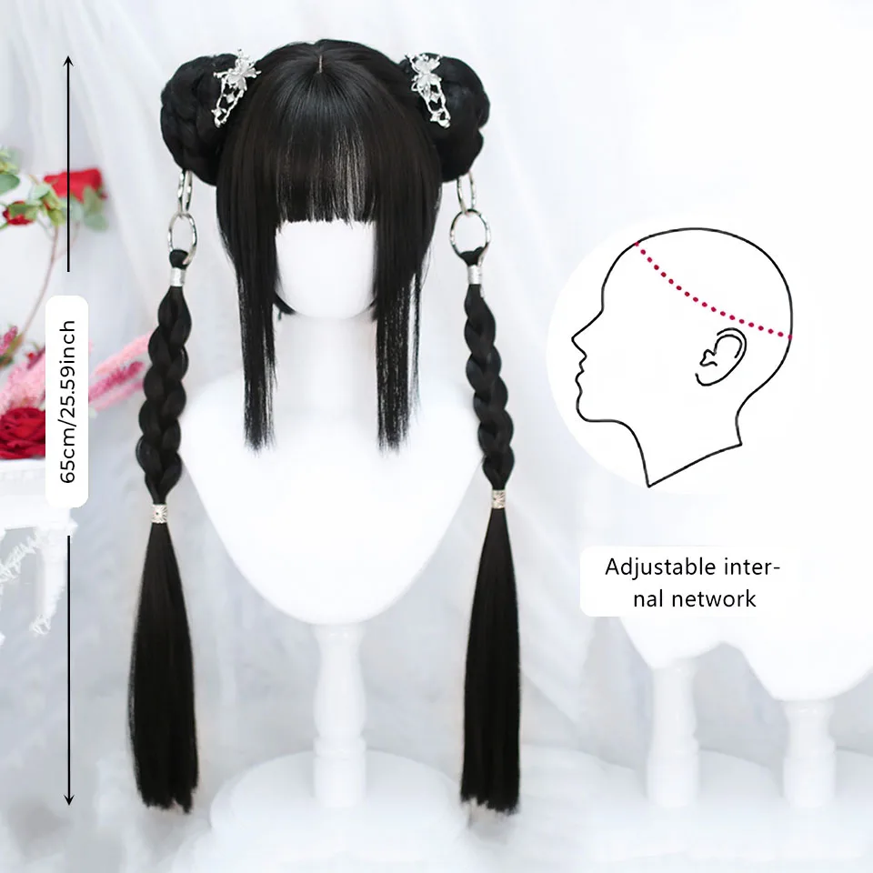 OLACARE Synthetic Short Straight Wig with Long Ponytail Hairbun Lolita Cosplay Party Harajuku Black Wig With Bangs for Women