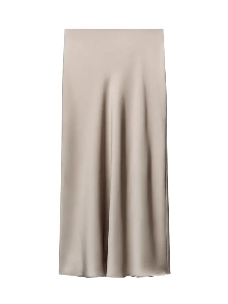 

Spring New High Waist Straight Silk Satin Skirt Slimming Midi Skirt Elastic Waist Design Commute Sle Long A-Line Skirt