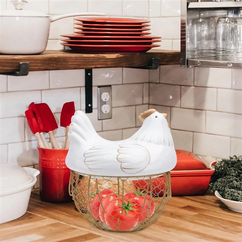 Hot Ceramic Iron Chicken Egg Basket Holder Snack Fruit Sundries Storage Box Hen Ornaments Container Organizer Rack