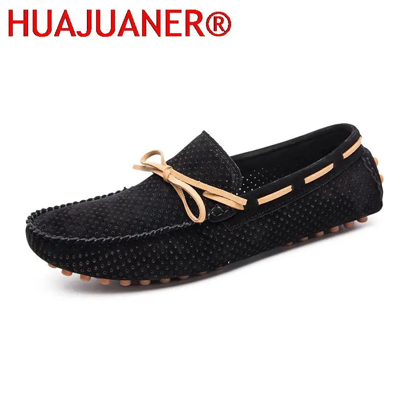 

New Summer Men's Loafers Suede Leather Sandals Casual Soft Flat Slip-on Shoes Hollow Out Breathable Tassel Driving Footwear Male