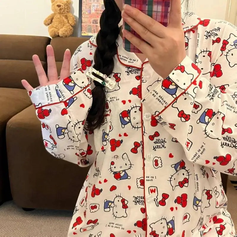 Sanrio Female Long Sleeves Leisure Wear Suit Autumn Kawaii Hello Kitty Comic Student Easy Cardigan Pajamas Fashion Clothing Kit