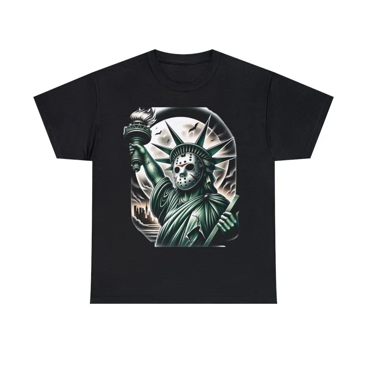 

Adult T Shirt Hockey Mask Statue of Liberty New York City Streetwear Horror Tee