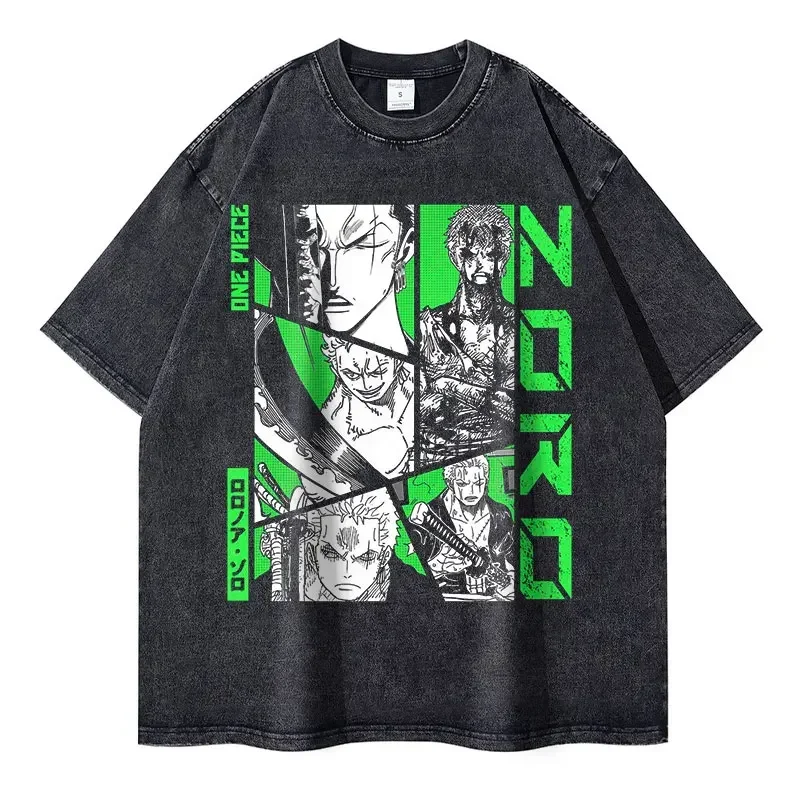 Bilibili Roronoa Zoro T-shirts Vintage Washed Anime One P-Piece T-shirt Streetwear Oversized L-Luffy Manga Tops Tees 100% Cotton