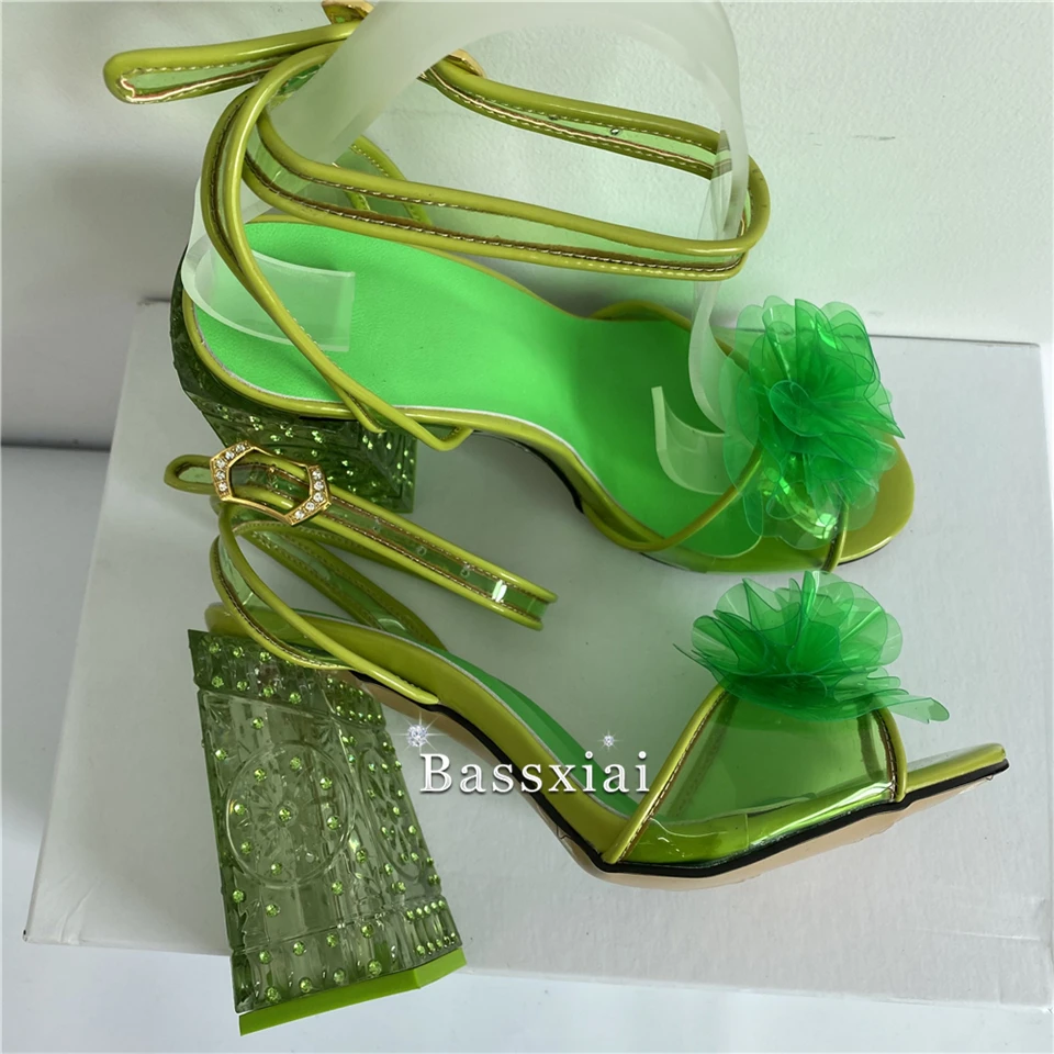 Handmade Jelly Flower Ankle Strappy Sandals Women Jeweled Crystal High Heels Open Toe PVC Candy Color Rhinestone Summer Shoes