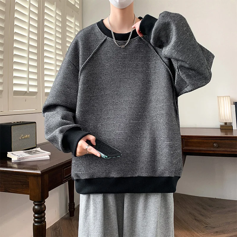 

Мужская толстовка большого размера в вафельную клетку, базовый слой, топ с длинными рукавами, универсальная весенне-осенняя мужская куртка David, пуловер