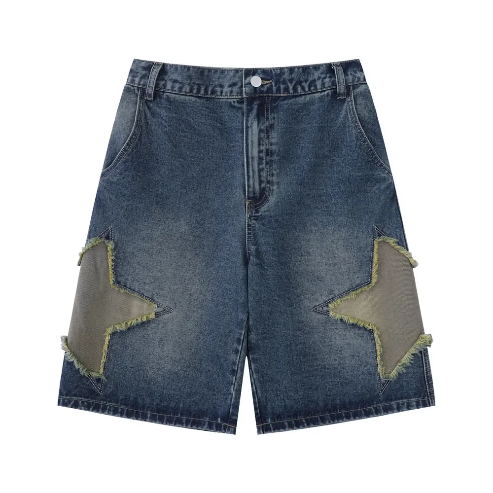 

Новые летние мужские джинсовые шорты Jorts Baggy American Vintage Star Patch Design Y2k Уличная одежда Мужские повседневные прямые синие шорты Джинсы