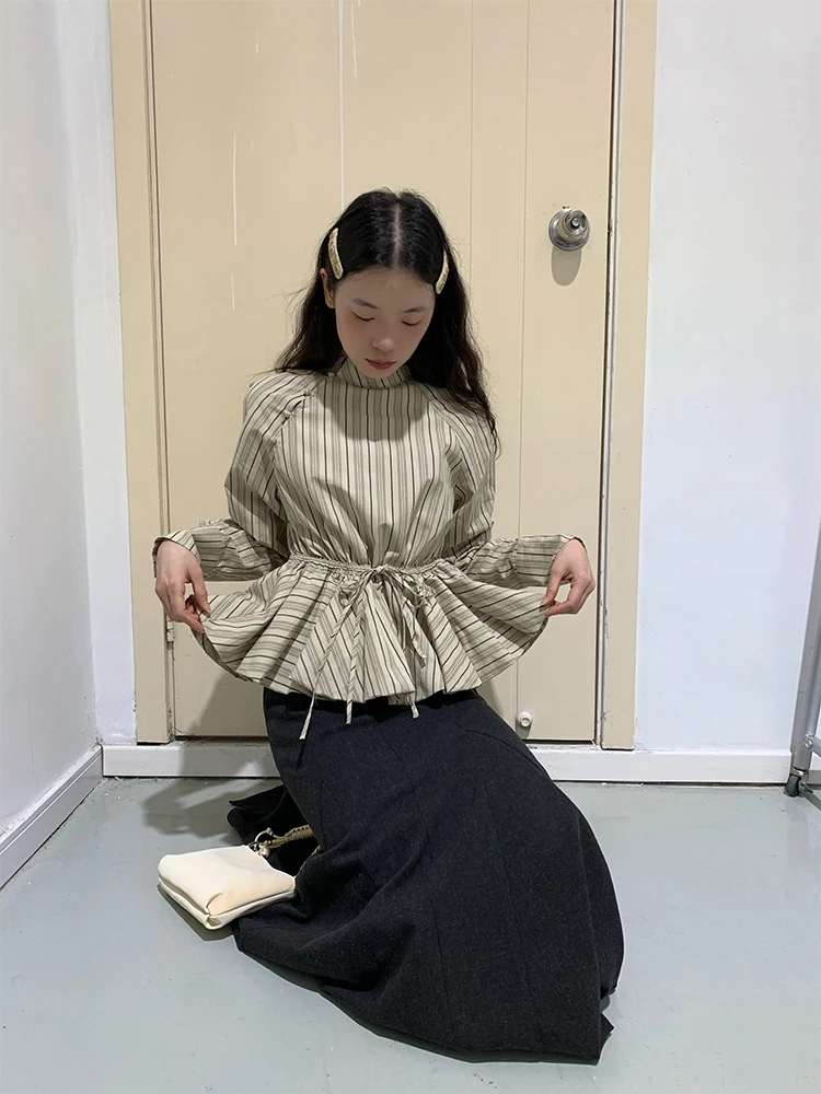 

Dorydory Chinese National Sle irt Spring 2025 Cotton 00% Small Stand Collar Dstring Flower Bud Belly Covering Top