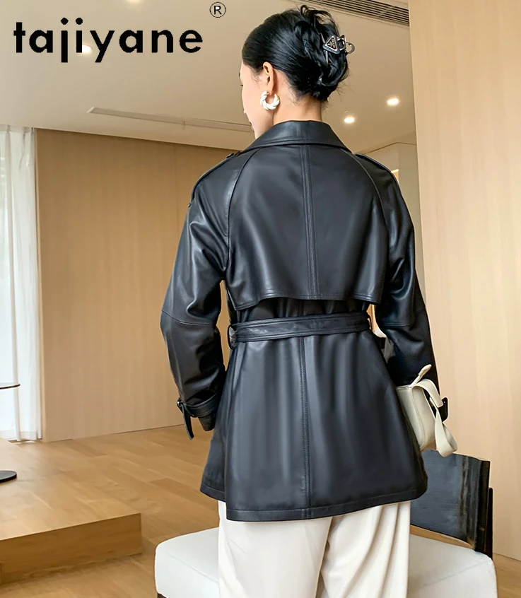 Tajiyane-Manteau en cuir de mouton véritable pour femme, veste mi-longue avec ceinture, élégant, printemps, automne