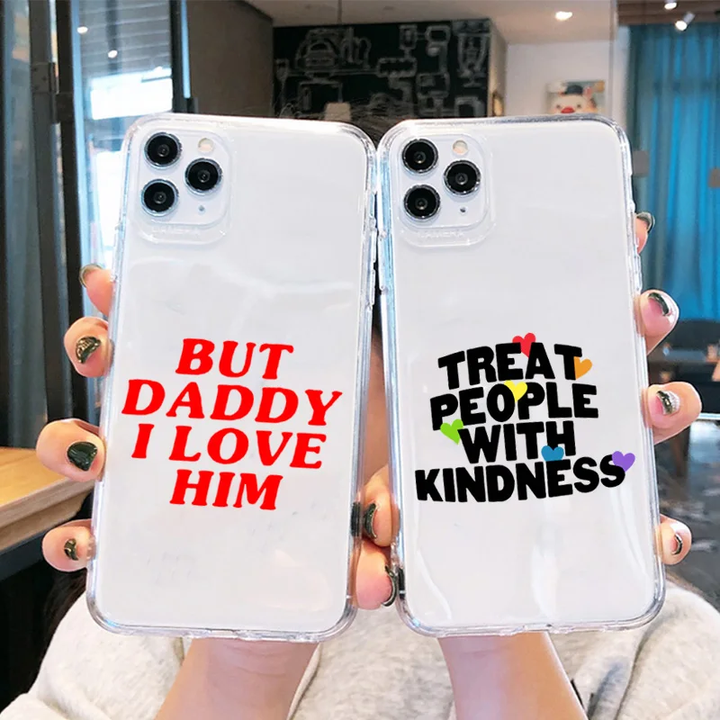 Transparent  Treat People With Kindness Case For iPhone 11 12 13 Pro MAX XS X XR SE2020 7 8 6 Plus Soft TPU Thin Cover Fundas