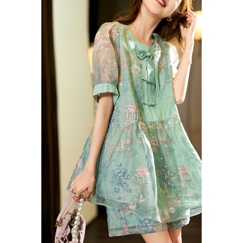 2 Pcs Set ,  Women Vintage Short Sleeve Embroidery A Line Green Top Shirt  High Waisted Wide Leg Shorts Sets