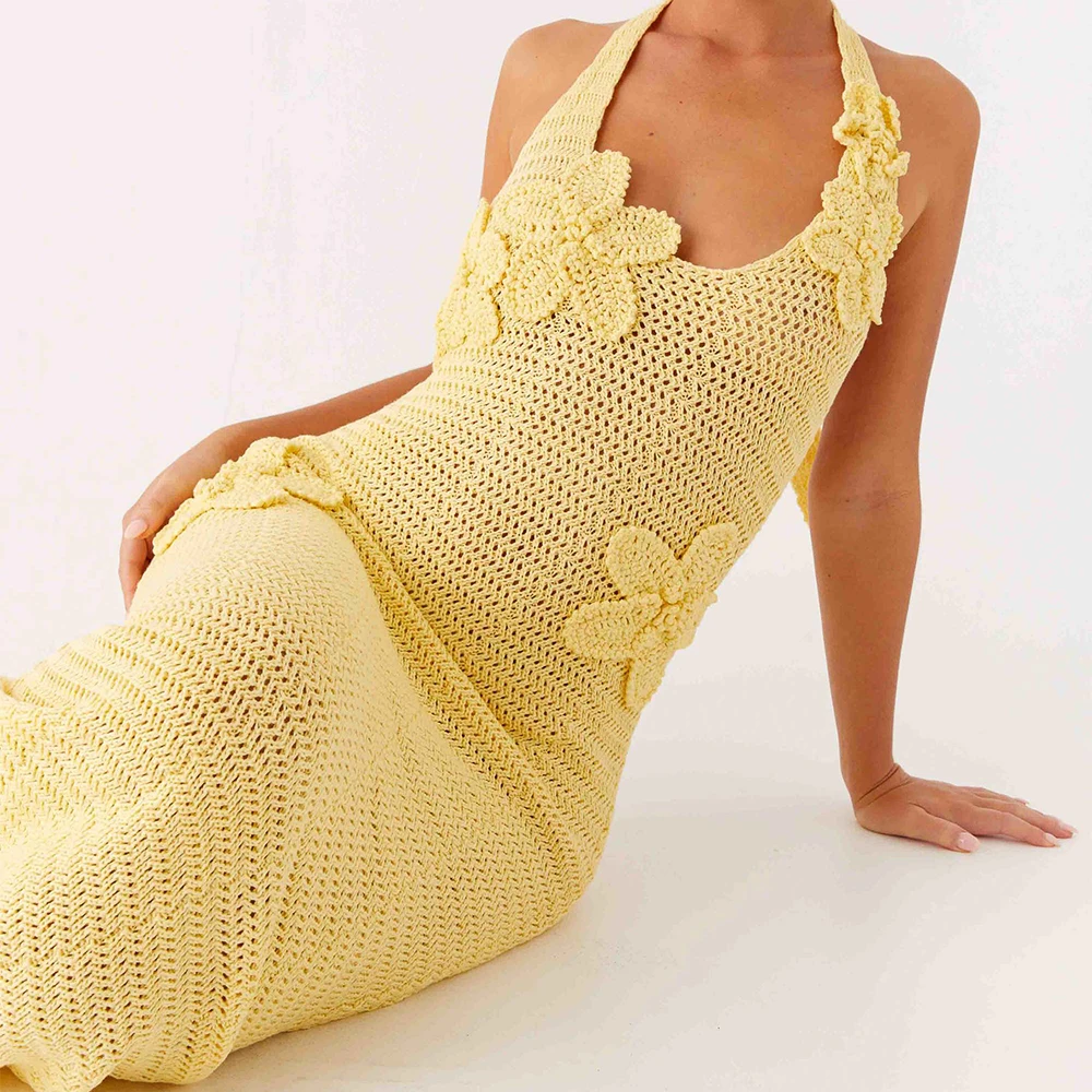 ผู้หญิงวินเทจถัก Halter Maxi ชุด 3D ดอกไม้ Bodycon ชุดยาวเซ็กซี่สปาเก็ตตี้สายคล้องคอ Backless ค็อกเทลปาร์ตี้ Sundress