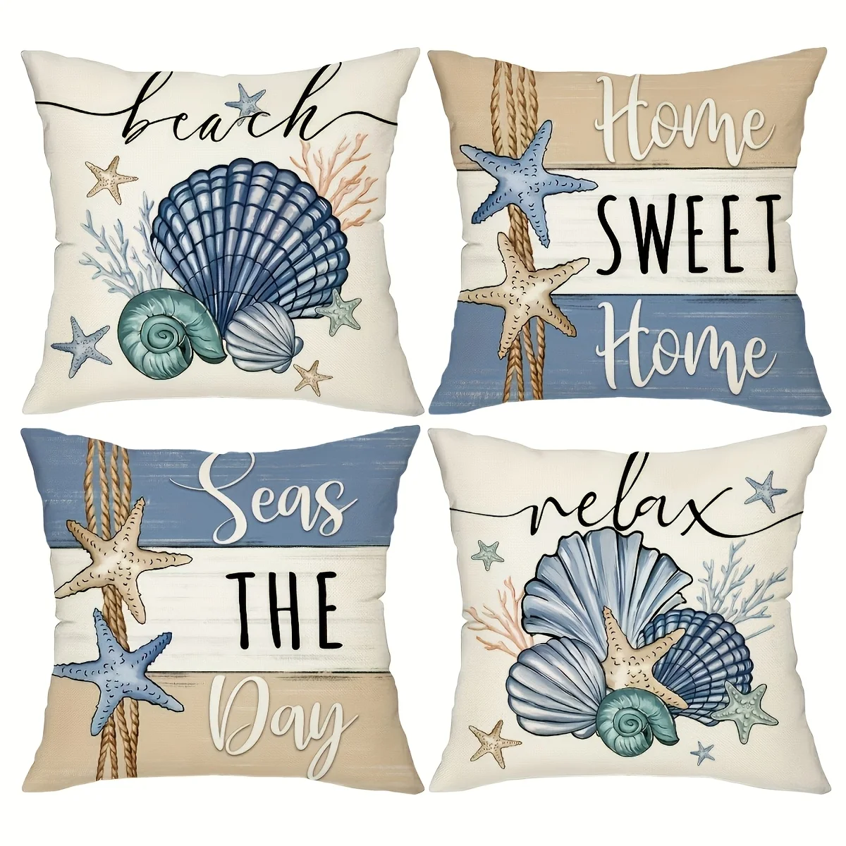 4 Pack Beach Theme Pillowcases 45x45cm Seashell Starfish Rope Quotes Cushion Covers Relax Home Sweet Home Decor