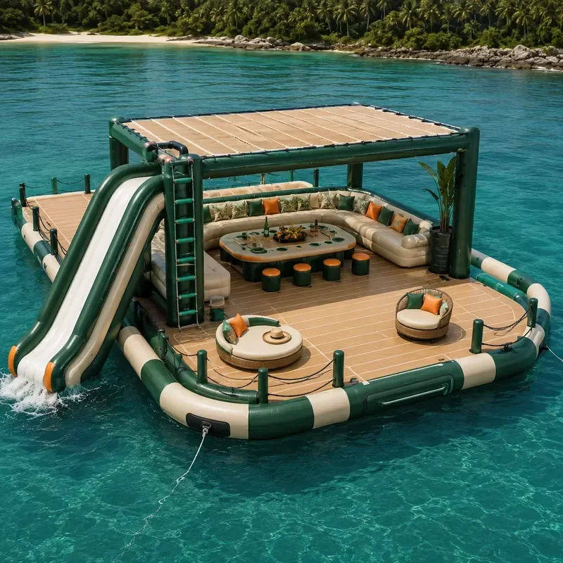 Custom Design Large Floating Water Island Platform with Slide Canopy Bar Counter Sofa Seating for Water Park Rental Supply