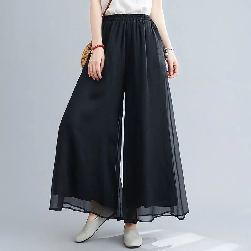 Double Layer Chiffon Wide Leg Pants High Waist Thin Style Women's Long Pants Loose Fit Casual Trousers Fashionable Korean Style